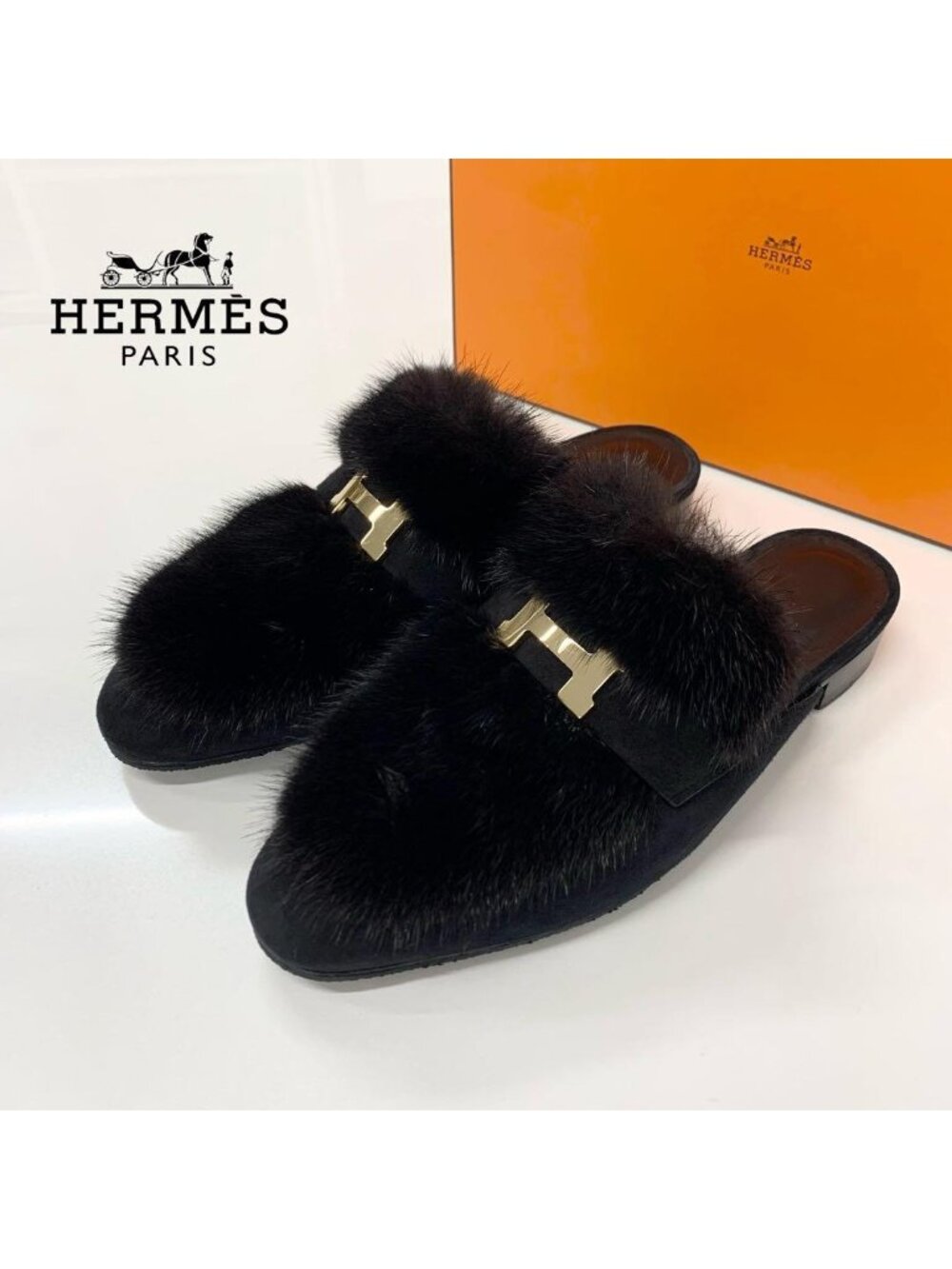 Hermes Fur Suede H Flat Sandals Black